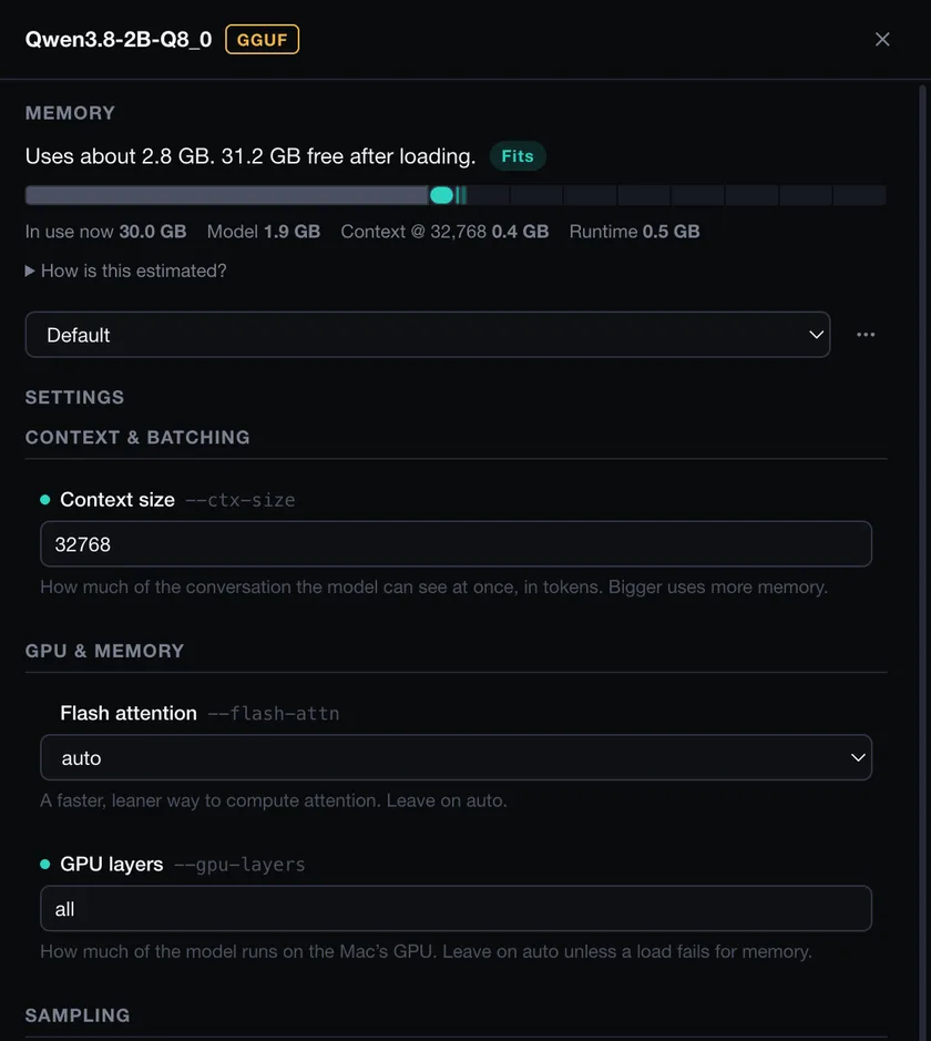 The load sheet for a GGUF model: a memory bar marked Fits, a breakdown of memory in use, model, context and runtime, and plain-language settings such as context size and GPU layers with their engine flags.
