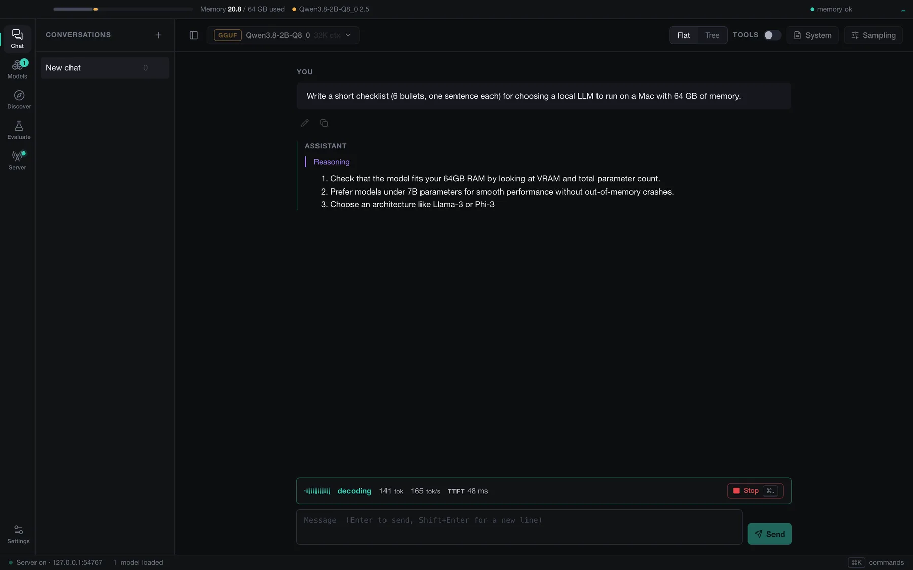 ModelDeck chat screen streaming a reply from a local Qwen model. A bar under the reply shows the live state: decoding, tokens so far, tokens per second and time to first token.