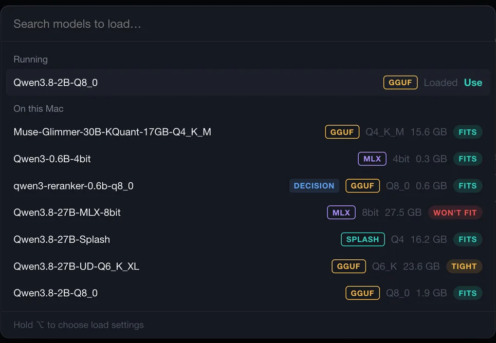 The quick loader: a search box over the running model and the models on this Mac, each with its engine, size and a badge reading Fits, Tight or Won't fit.